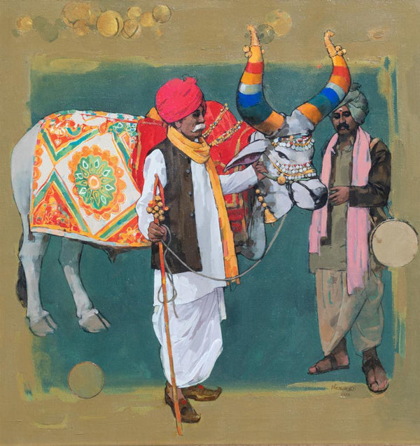 Figurative acrylic painting titled 'Nandi And Man', 31x30 inches, by artist Satyajeet Varekar on Canvas