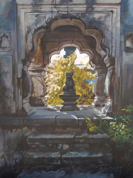 Scenic oil painting titled 'Nandi', 24x18 inches, by artist Sachin Sawant on Canvas