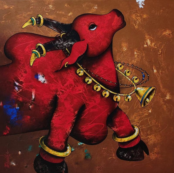 Religious mixed media painting titled 'Nandi Bull 1', 36x36 inches, by artist Paras Parmar on Canvas