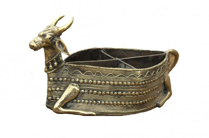 Lifestyle craft titled 'Nandi Dry Fruit Stand', 12x7x6 inches, by artist Bhansali Art on Brass