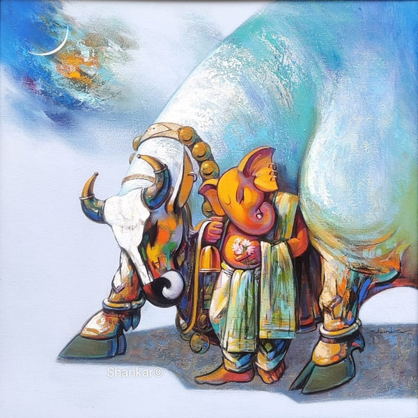 Religious acrylic painting titled 'Nandi Ganesha', 30x30 inch, by artist Shankar Gojare on Canvas