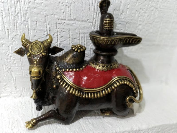 Religious sculpture titled 'Nandi Shivling', 11x11x4 inches, by artist Kushal Bhansali on Brass