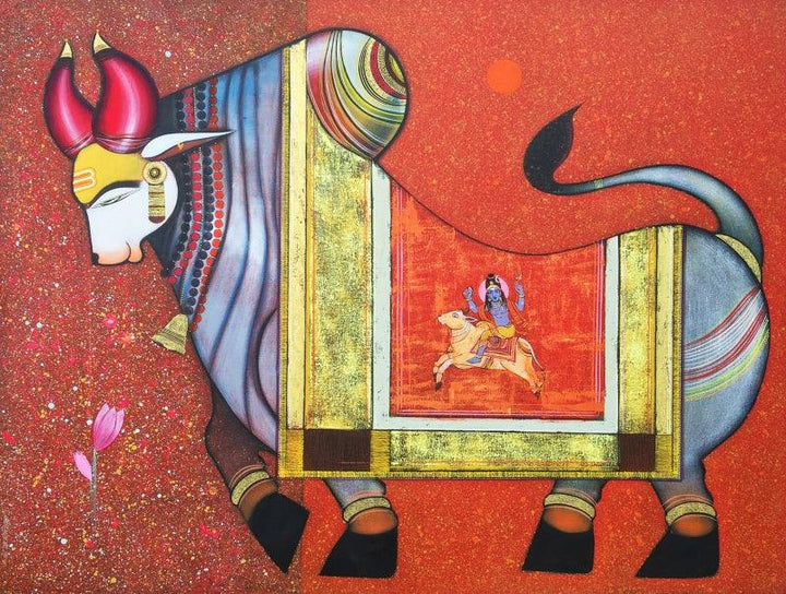 Religious acrylic painting titled 'Nandikeshvara', 36x48 inches, by artist Ashok Rathod on Canvas