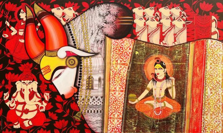 Religious acrylic painting titled 'Nandishwara 1', 36x60 inches, by artist Ashok Rathod on Canvas