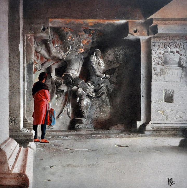 Cityscape oil painting titled 'Narasimha', 33x33 inches, by artist Raju More on Canvas