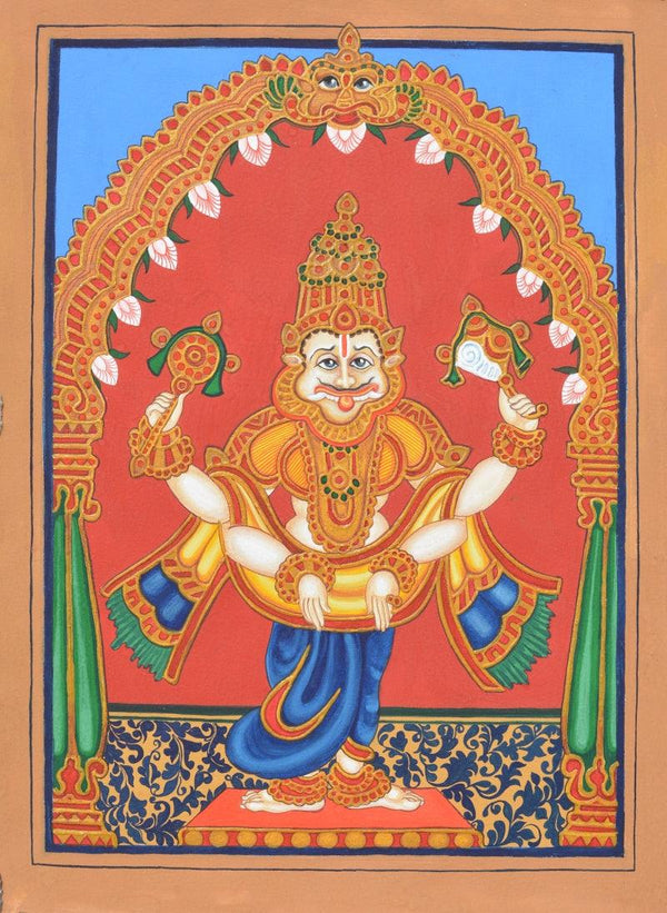 Religious mysore traditional art titled 'Narasimha Avatara', 15x11 inches, by artist Radhika Ulluru on Paper