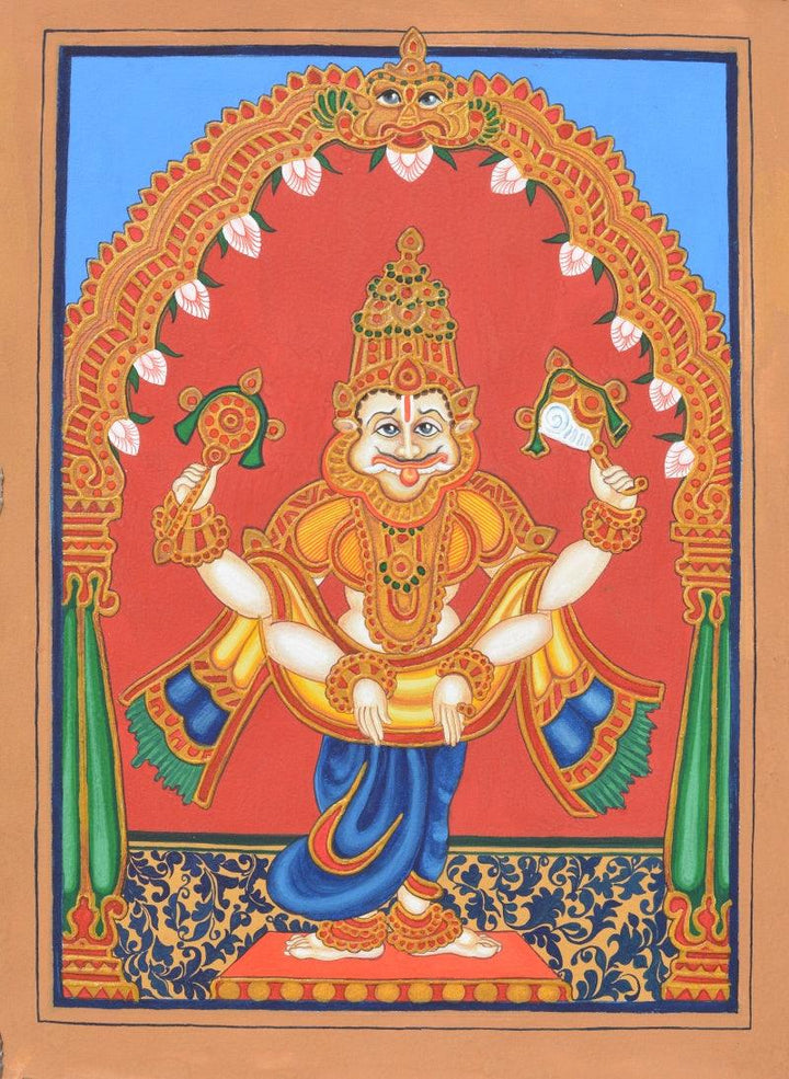 Religious mysore traditional art titled 'Narasimha Avatara', 15x11 inches, by artist Radhika Ulluru on Paper