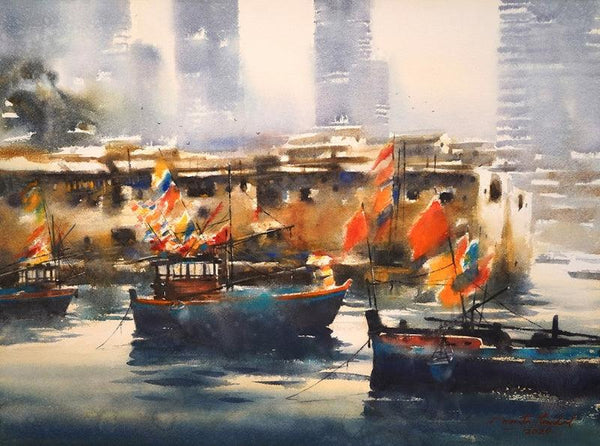 Seascape watercolor painting titled 'Nariman Point in Mumbai III', 22x30 inches, by artist Ananta Mandal on on paper