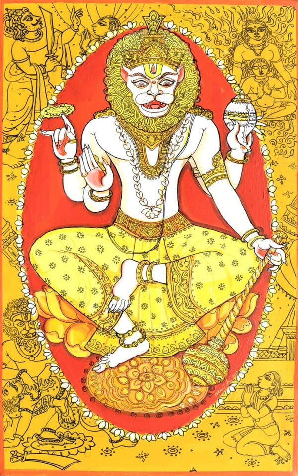 Religious acrylic pen painting titled 'Narsimha Avatar', 18x11 inches, by artist Manisha Srivastava on Canvas