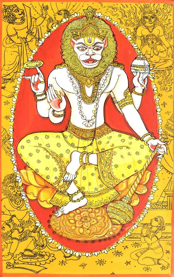 Religious acrylic pen painting titled 'Narsimha Avatar', 18x11 inches, by artist Manisha Srivastava on Canvas