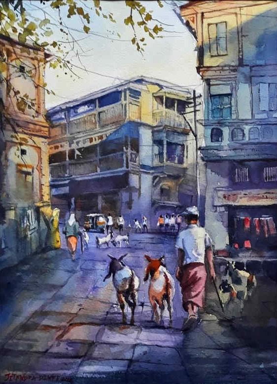 Cityscape watercolor painting titled 'Nashik Bazaar', 15x11 inches, by artist Jitendra Divte on Paper