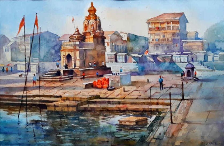 Religious watercolor painting titled 'Nashik Ghat', 15x22 inches, by artist Jitendra Divte on Paper