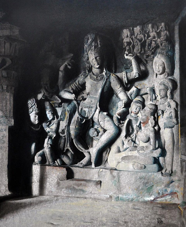 Religious acrylic painting titled 'Nataraja The Dancing Siva', 36x30 inches, by artist Raju More on Canvas