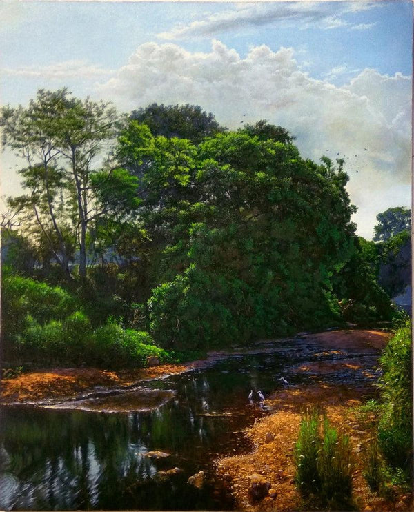 Realistic oil painting titled 'National Park River', 30x24 inches, by artist Sanjay Sarfare on Canvas