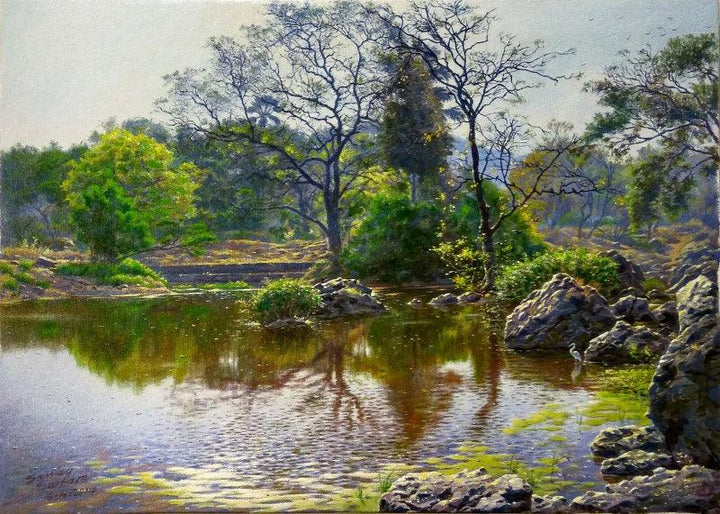 Realistic oil painting titled 'Natoinal Park River 2', 21x15 inches, by artist Sanjay Sarfare on Canvas