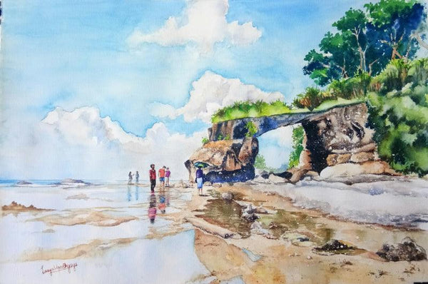 Seascape watercolor painting titled 'Natural bridge coral point', 21x14 inches, by artist Lasya Upadhyaya on Paper