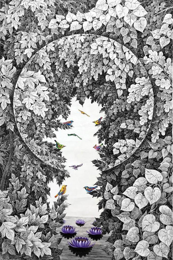 Nature pen ink drawing titled 'Nature 101', 36x24 inches, by artist Umakant Kanade on Canvas