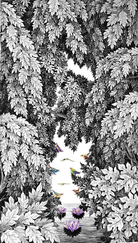 Nature pen ink drawing titled 'Nature 102', 37x21 inches, by artist Umakant Kanade on Canvas