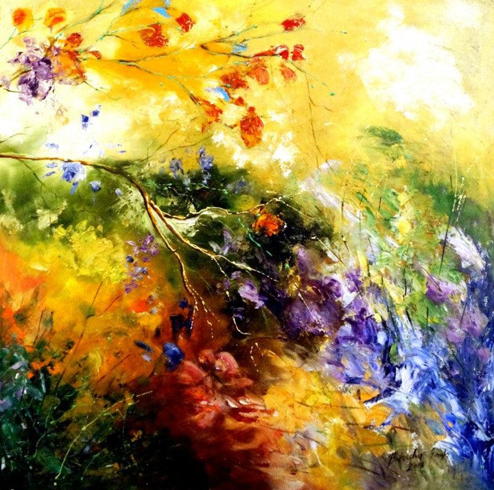 Landscape oil painting titled 'Nature 2', 33x33 inches, by artist Bahadur Singh on Canvas