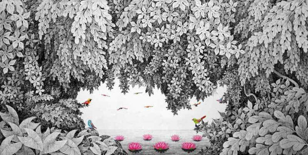 Nature pen ink drawing titled 'Nature 85', 30x60 inches, by artist Umakant Kanade on Canvas