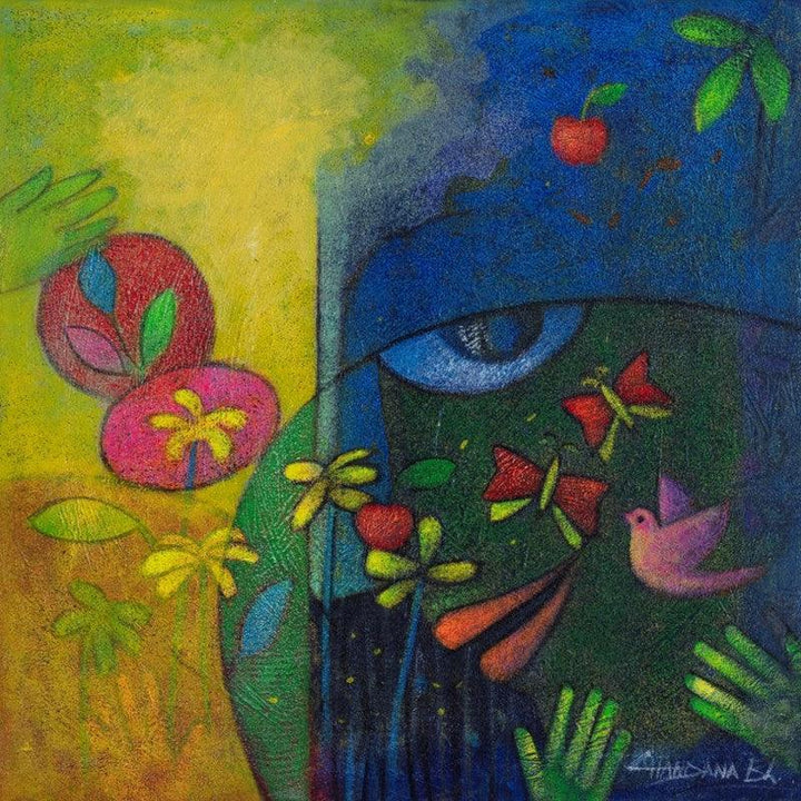 Figurative acrylic painting titled 'Nature Eye', 36x36 inches, by artist Chandana Bhattacharjee on Canvas