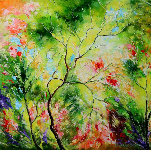 Nature oil painting titled 'Nature Green I', 30x30 inches, by artist Bahadur Singh on Canvas