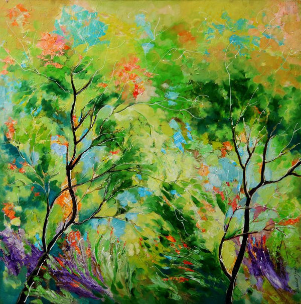 Nature oil painting titled 'Nature Green II', 30x30 inches, by artist Bahadur Singh on Canvas