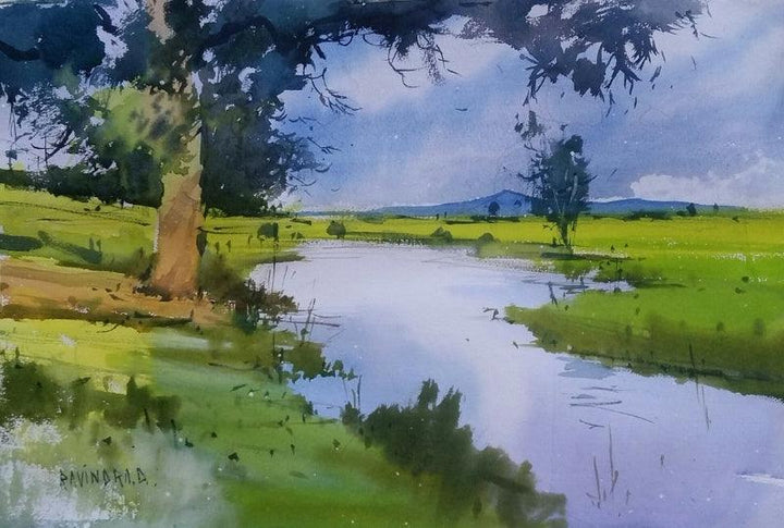 Cityscape watercolor painting titled 'Nature Reflection', 15x22 inches, by artist Ravindra Mahale on Paper