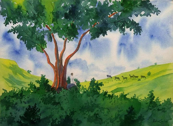 Landscape watercolor painting titled 'Nature's Vicinity', 15x11 inches, by artist Rahul Salve on Paper