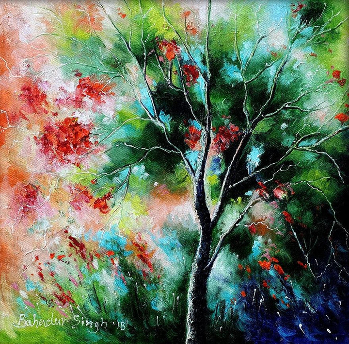 Nature oil painting titled 'Nature Small', 12x12 inches, by artist Bahadur Singh on Canvas