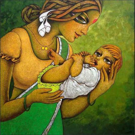 Figurative acrylic painting titled 'Nature Swing', 24x24 inches, by artist Ramchandra B Pokale on Canvas