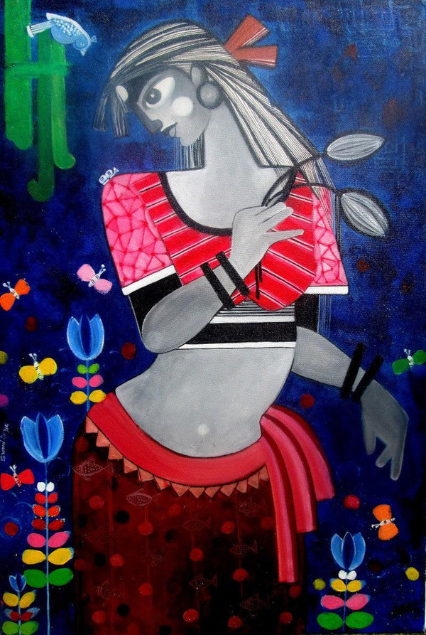 Figurative acrylic painting titled 'NATURE UNTOLD', 36x24 inches, by artist Sharmi Dey on Canvas