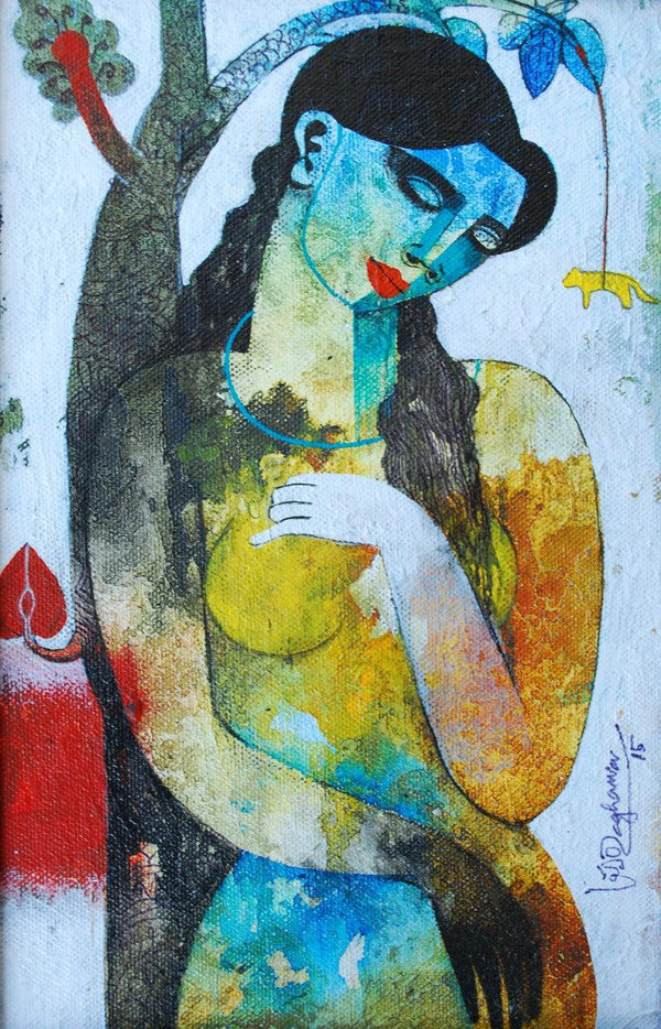 Figurative acrylic painting titled 'Nature With Woman', 10x6 inches, by artist Appam Raghavendra on Canvas