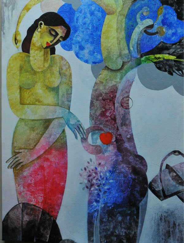 Figurative acrylic painting titled 'Nature With Woman II', 40x30 inches, by artist Appam Raghavendra on Canvas