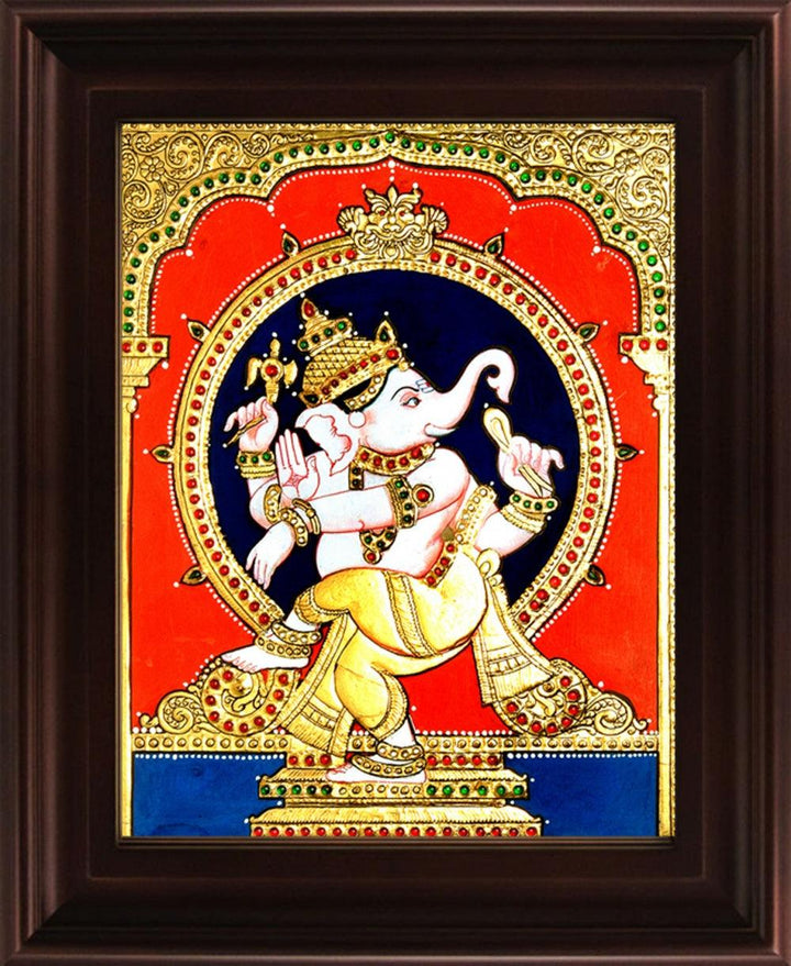 Religious tanjore traditional art titled 'Natya Ganesha Tanjore Painting', 24x18 inches, by artist Myangadi Tanjore on Plywood