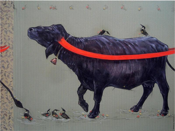 Animals acrylic painting titled 'Naughty Crow', 29x42 inches, by artist Yogesh Lahane on Canvas