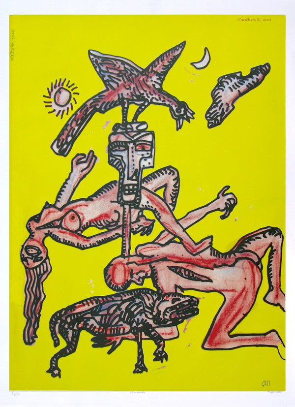 contemporary serigraphs painting titled 'Nautanki', 62x45 inches, by artist Jogen Chowdhury on Paper