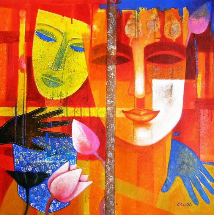 Figurative acrylic painting titled 'Nautanki Series 2', 24x24 inches, by artist Chaitali Mukherjee on Canvas