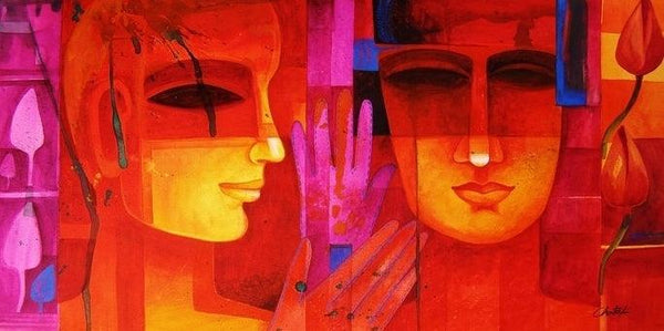 Figurative acrylic painting titled 'Nautanki Series 7', 15x30 inches, by artist Chaitali Mukherjee on Canvas