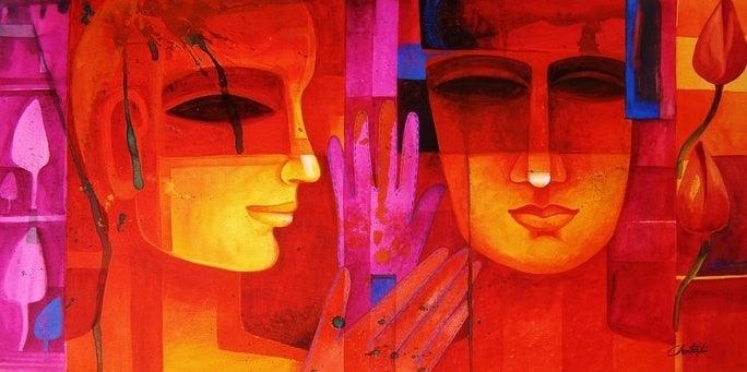 Figurative acrylic painting titled 'Nautanki Series 7', 15x30 inches, by artist Chaitali Mukherjee on Canvas