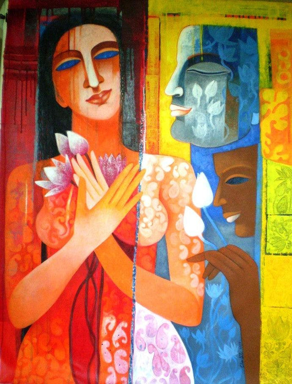 Figurative acrylic painting titled 'Nautanki Series 8', 48x36 inches, by artist Chaitali Mukherjee on Canvas