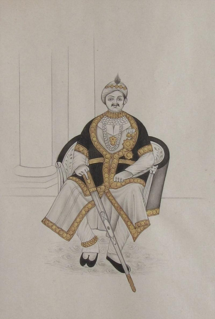 Figurative mughal traditional art titled 'Nawab On Royal Throne', 8x6 inches, by artist Unknown on Paper