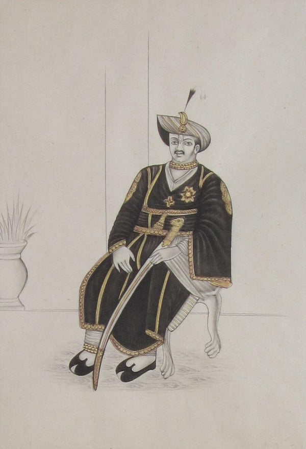 Figurative mughal traditional art titled 'Nawab With Sword On Throne', 8x6 inches, by artist Unknown on Paper