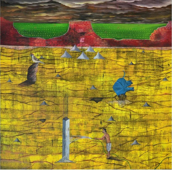 contemporary acrylic oil painting titled 'Nearing Extinction', 72x72 inches, by artist Ashish Kushwaha on Canvas