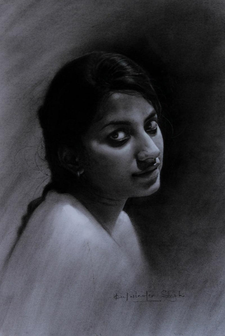 Portrait charcoal drawing titled 'Neha', 14x10 inches, by artist Kulwinder Singh on Paper