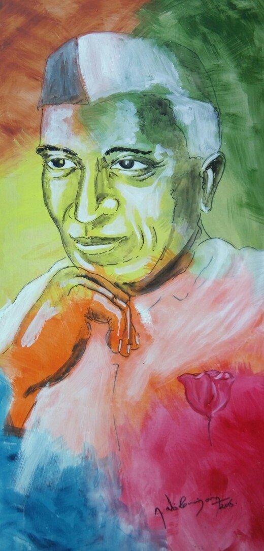 Figurative acrylic painting titled 'Nehru', 48x36 inches, by artist Vignesh Kumar on CardBoard