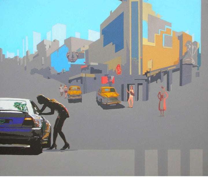 Fantasy mixed media painting titled 'Neo Urban Space', 42x36 inches, by artist Abhijit Paul on Canvas