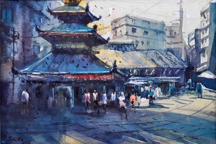 Cityscape watercolor painting titled 'Nepal', 7x11 inches, by artist Jitendra Divte on Paper