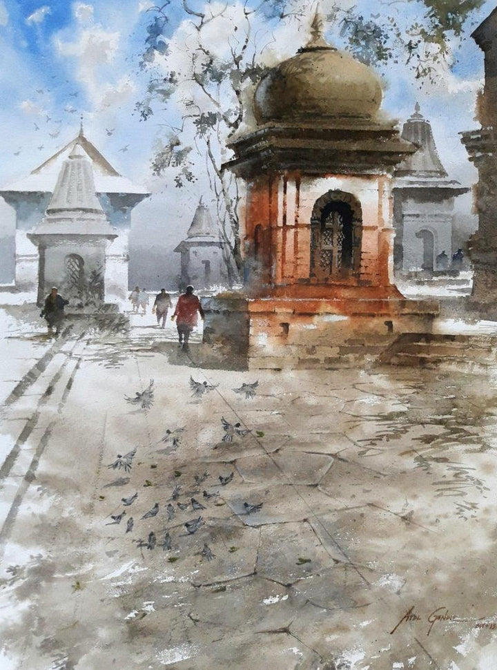 Religious watercolor painting titled 'Nepal Temple', 30x22 inches, by artist Atul Gendle on Paper