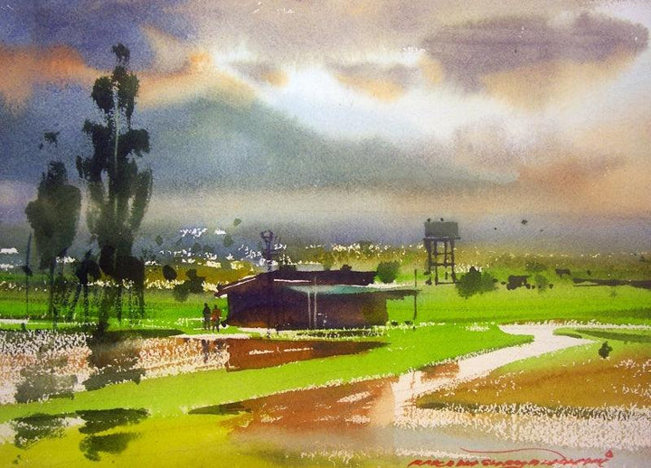 Landscape watercolor painting titled 'Neral Farm House', 11x14 inches, by artist RAKESH SURYAWANSHI on Paper